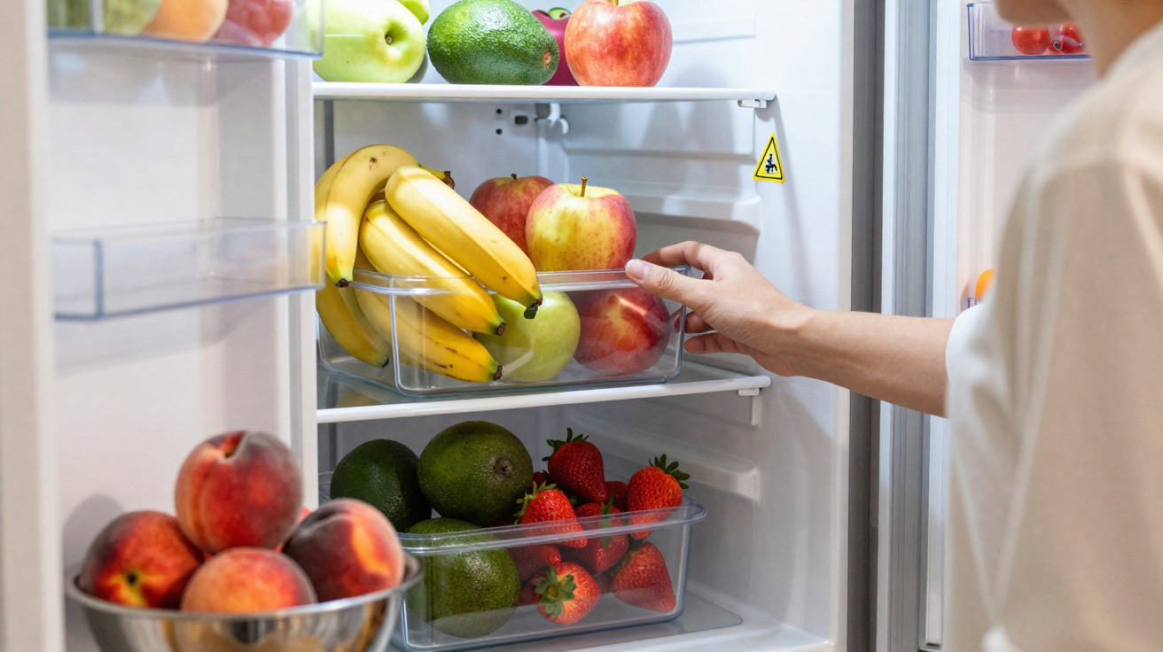 Interior de um frigorífico cheio de frutas frescas, com uma mão a organizar maçãs e bananas.