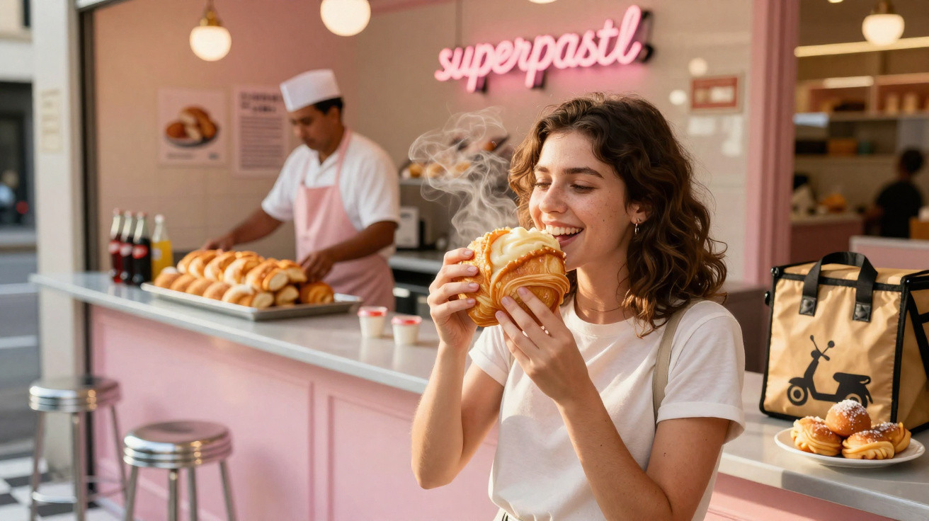 Mulher sorridente a cheirar pastel quente numa pastelaria com balcão e empregado ao fundo.