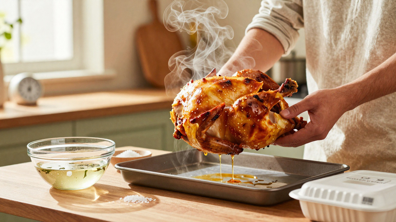 Pessoa a retirar frango assado fumegante de tabuleiro numa cozinha iluminada.