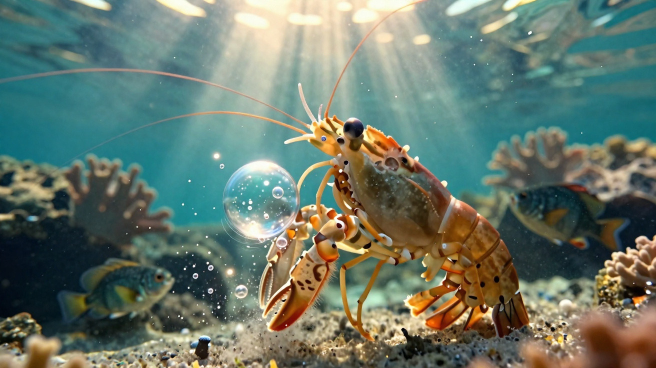 Lagosta subaquática a libertar uma bolha, rodeada por corais e peixes num ambiente marinho iluminado.