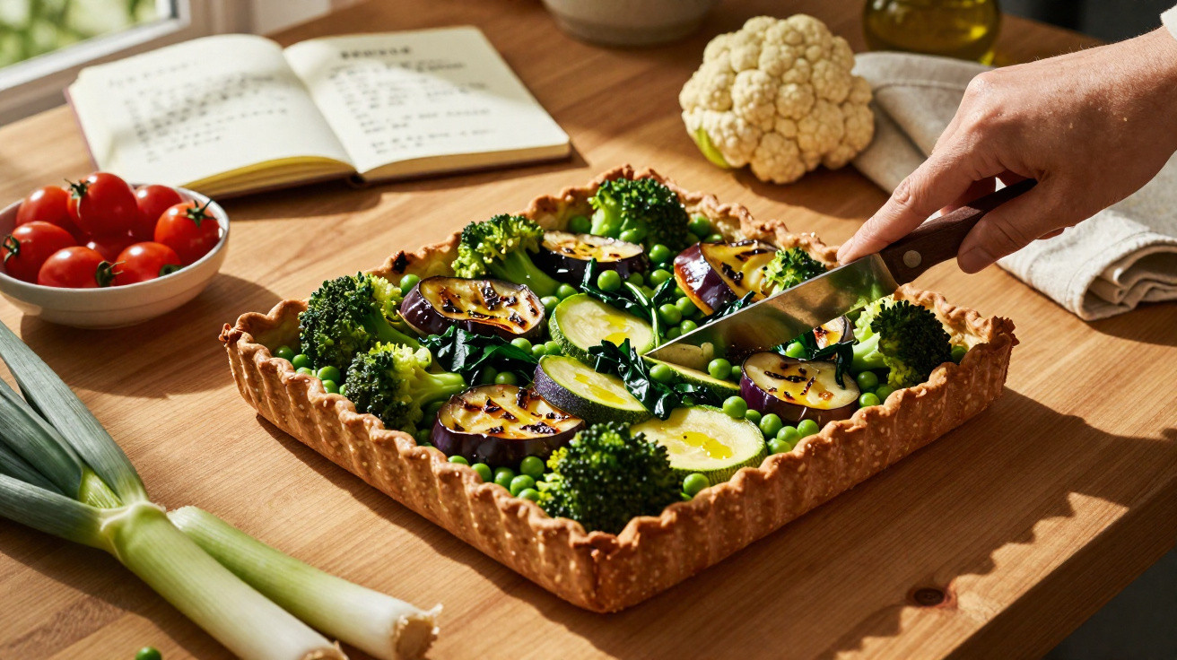 Tarte quadrada com vegetais grelhados, incluindo curgete, beringela, brócolos e ervilhas, em mesa de madeira.
