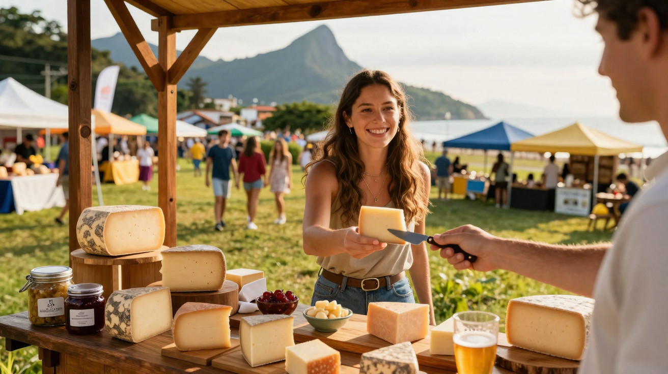 Mulher compra queijo num mercado ao ar livre com diversas barracas e montanha ao fundo.