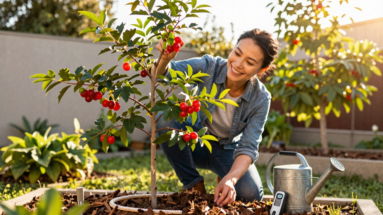 Mulher a apanhar frutos vermelhos numa árvore pequena num jardim ensolarado, com regador ao lado.