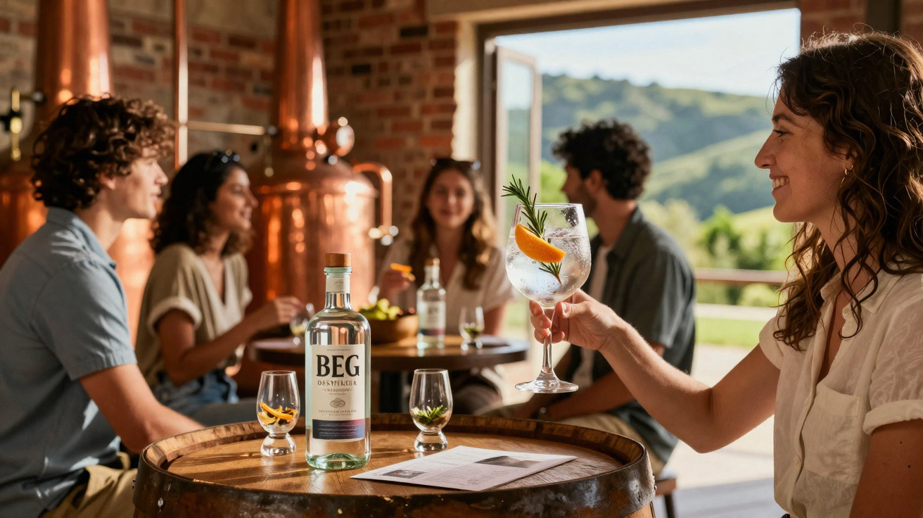 Grupo de amigos a beber bebidas num ambiente rústico com barris e paisagem verde ao fundo.