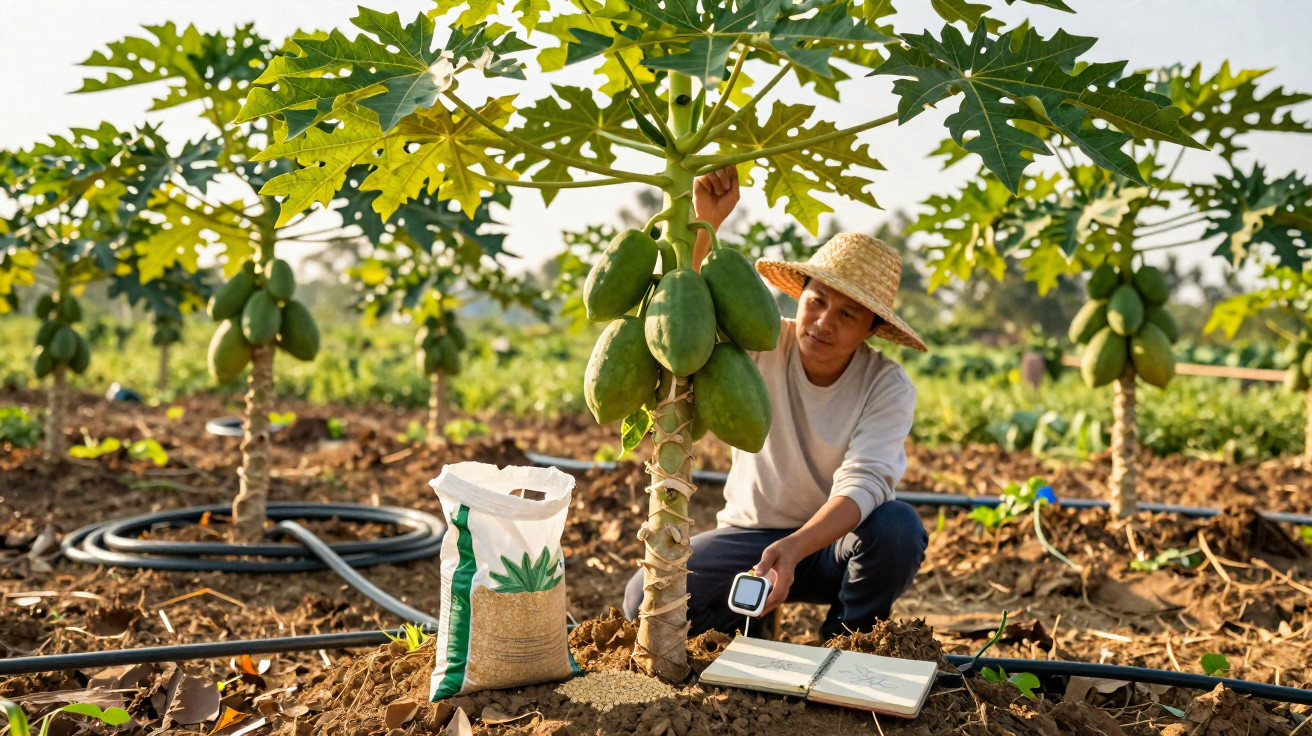 Agricultor com chapéu de palha cuida de planta de papaia num campo com irrigação por gotejamento.