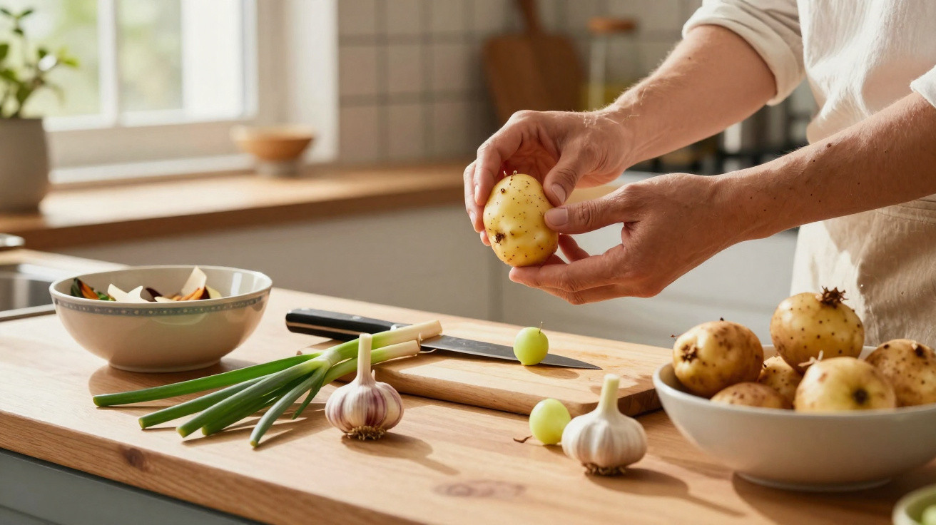 Pessoa a preparar batatas e outros ingredientes numa cozinha bem iluminada.