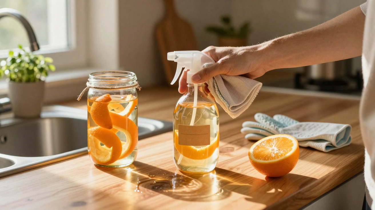 Mão segurando pulverizador com líquido e cascas de laranja numa cozinha iluminada pelo sol.