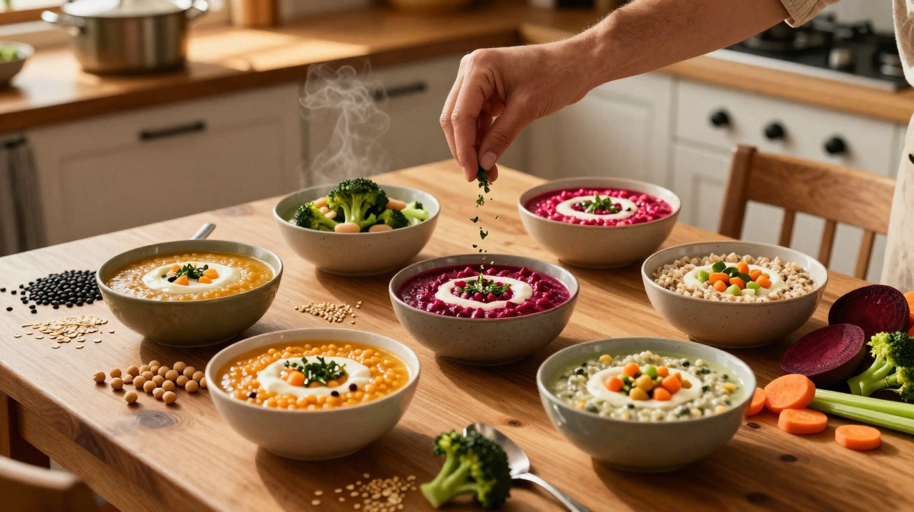 Mãos temperando tigela com sopa colorida e várias tigelas de sopas e legumes frescos numa mesa de madeira.
