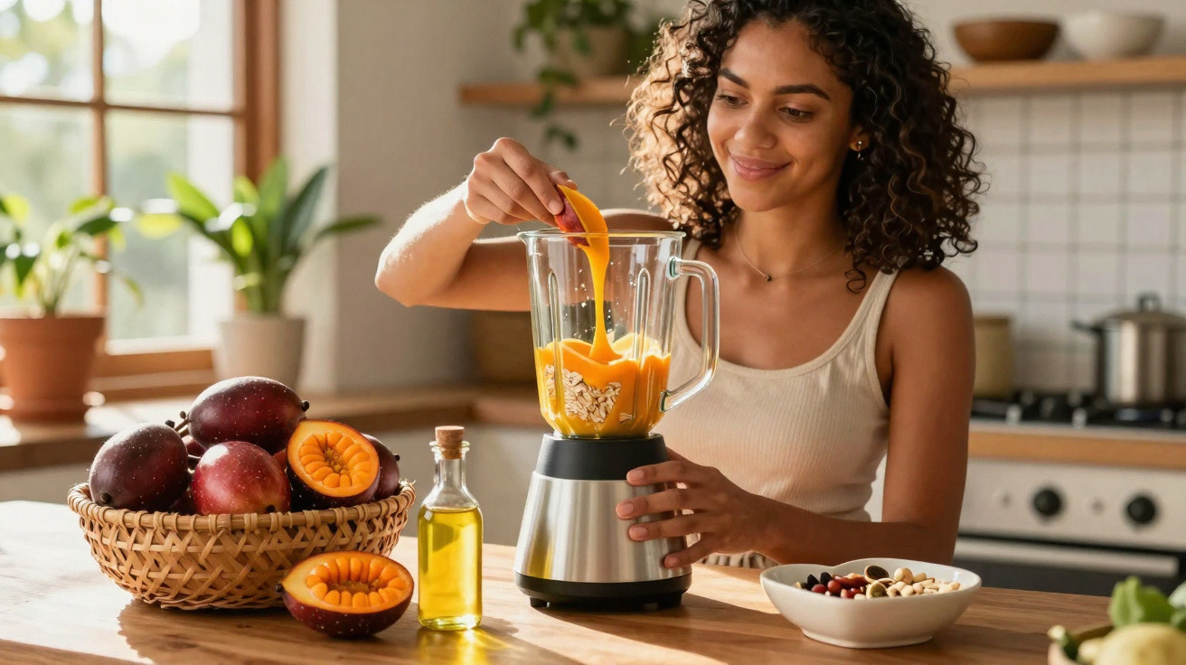 Mulher a preparar sumo de maracujá na liquidificadora numa cozinha iluminada e moderna.