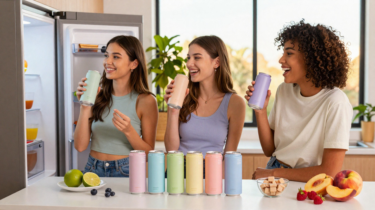 Três mulheres jovens sorridentes bebem bebidas em lata coloridas numa cozinha moderna com frutas na bancada.