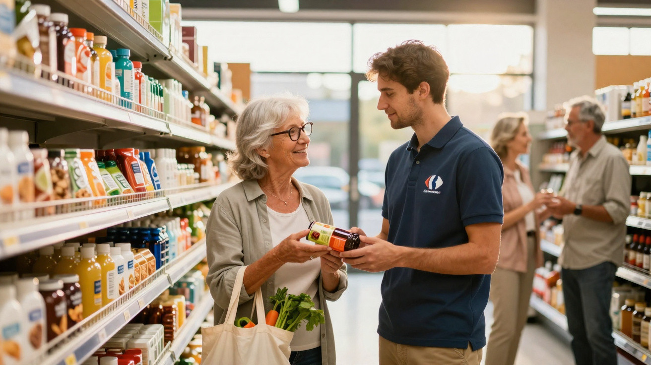Funcionário ajuda cliente idosa a escolher produto numa loja de bebidas e alimentos.