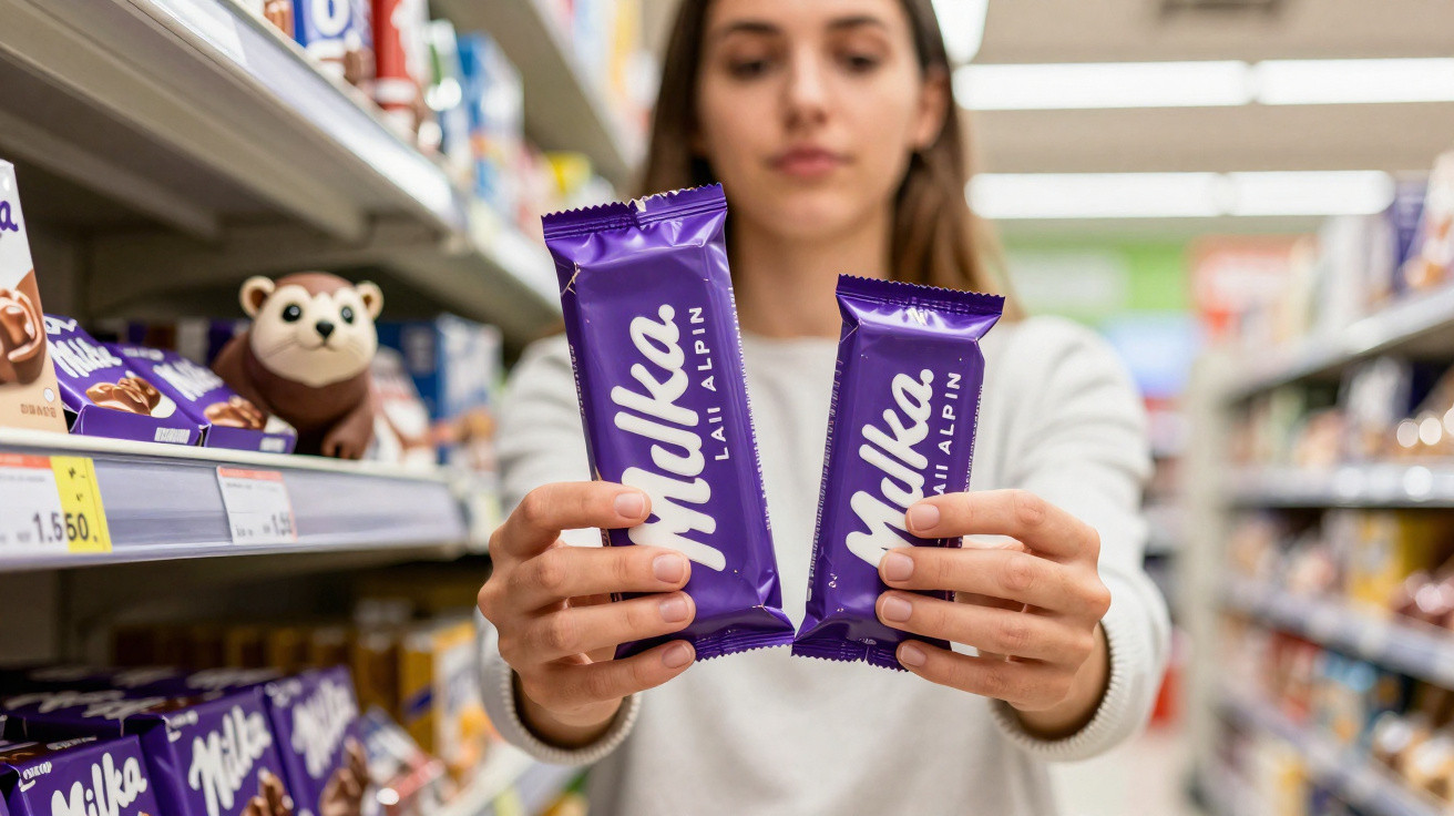 Mulher segura duas barras de chocolate Milka numa loja, com prateleiras de produtos ao fundo.