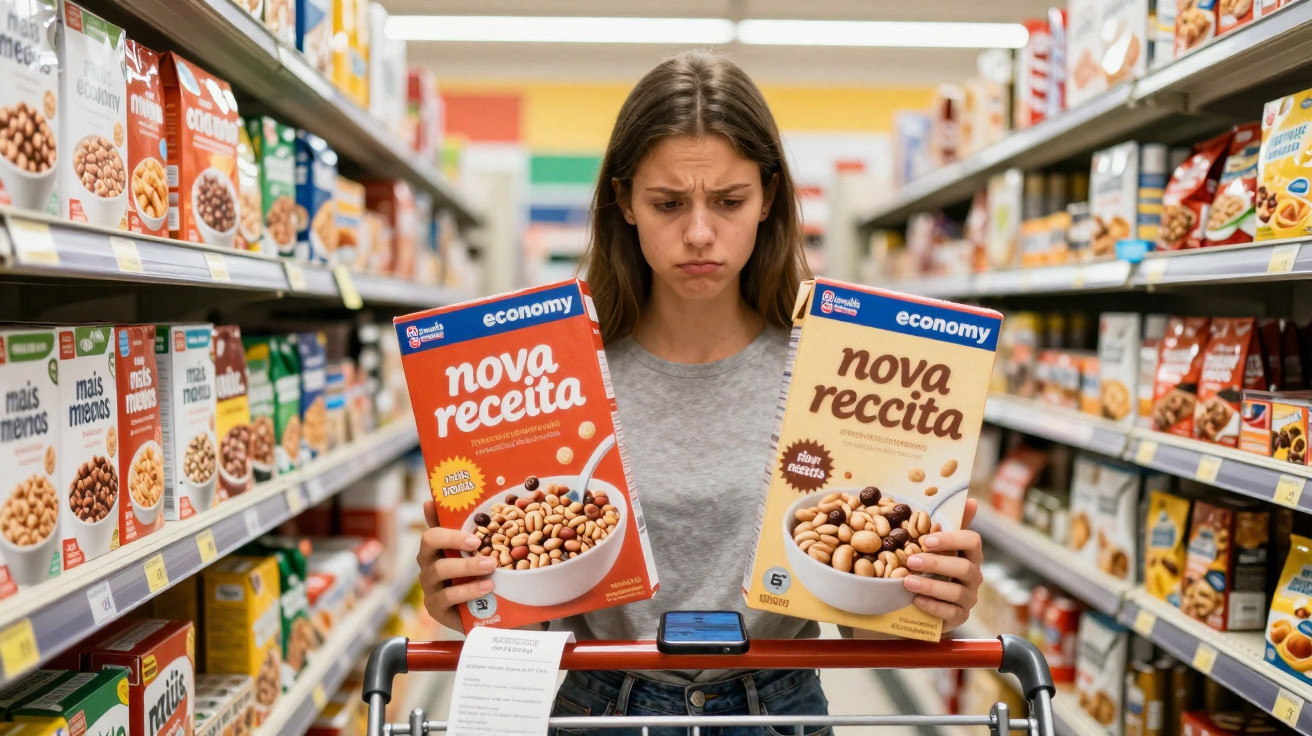 Mulher indecisa compara caixas de cereais "Nova Receita" num supermercado.