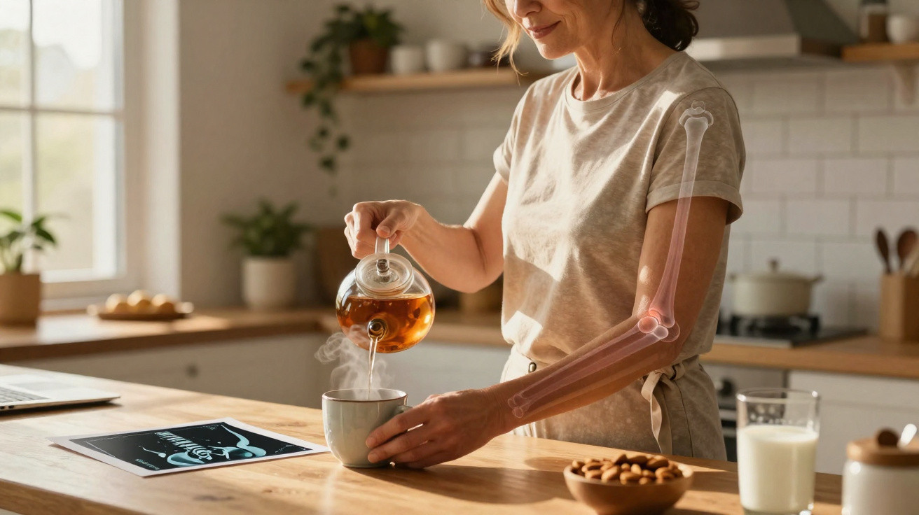 Mulher a servir chá numa chávena numa cozinha moderna com destaque para os ossos do braço.