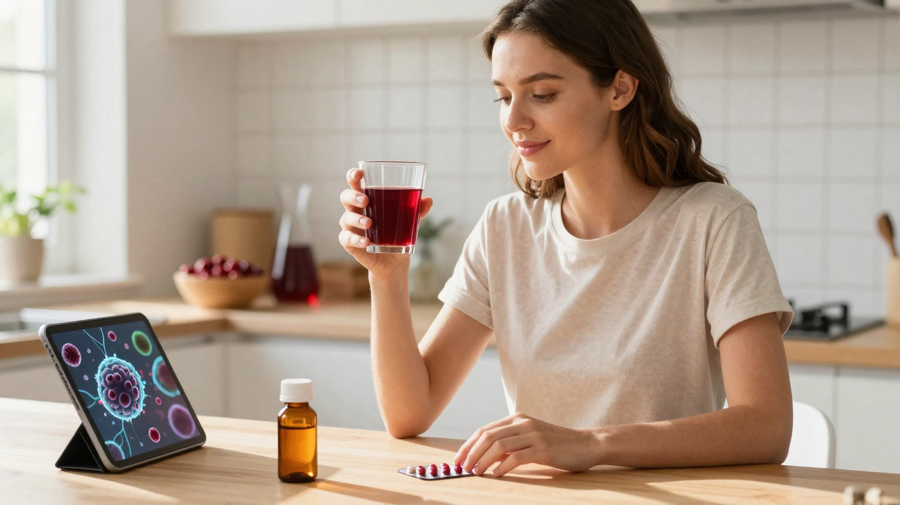 Mulher a segurar um copo de xarope vermelho, com comprimidos e medicamentos numa cozinha moderna.
