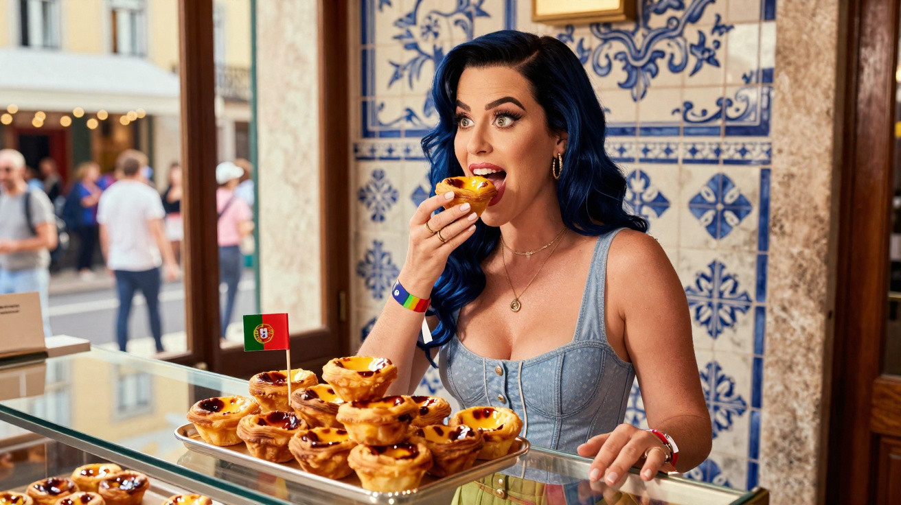 Mulher a provar pastel de nata numa pastelaria tradicional com azulejos portugueses ao fundo.