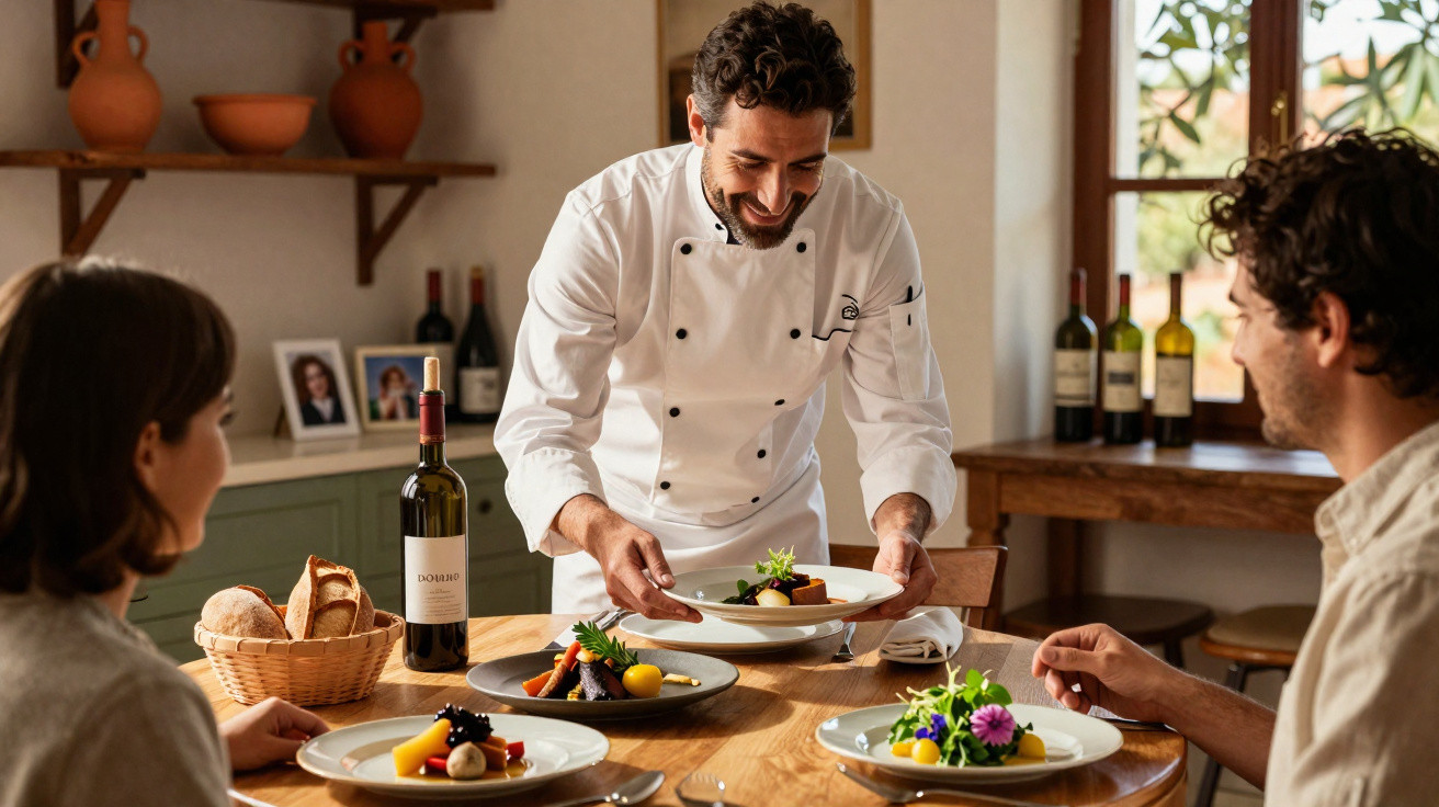 Chef a servir pratos gourmet numa mesa onde dois convidados aguardam numa sala acolhedora.