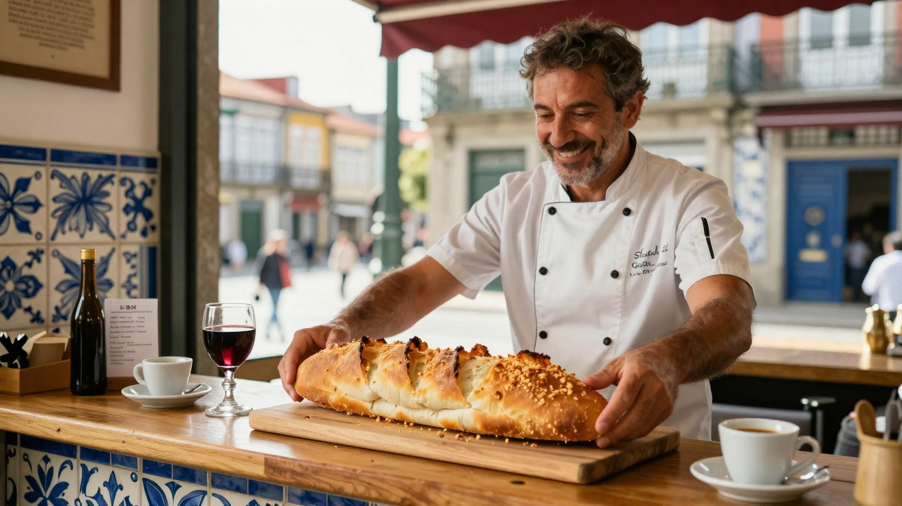 Homem com bata de chef sorri segurando pão grande num balcão de café com azulejos tradicionais portugueses.