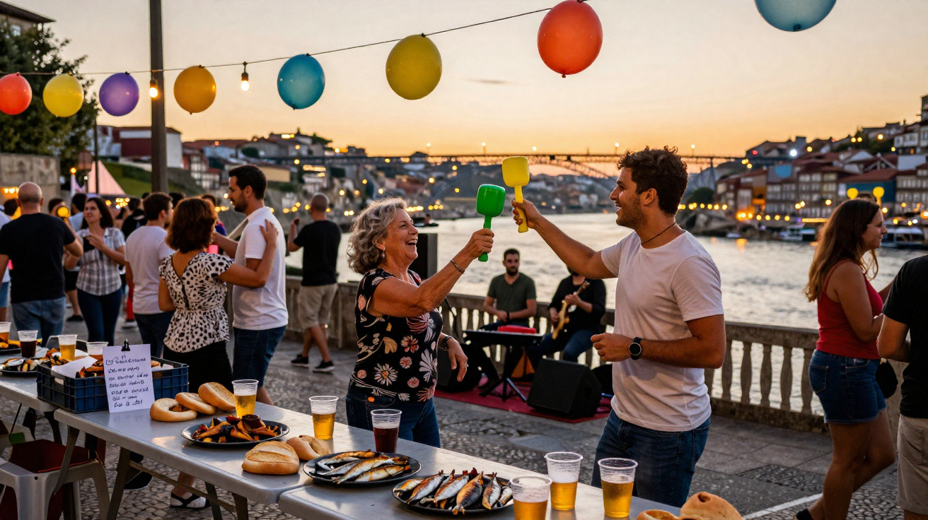 Pessoas a brindar com copos coloridos numa festa ao ar livre junto a um rio ao pôr do sol.