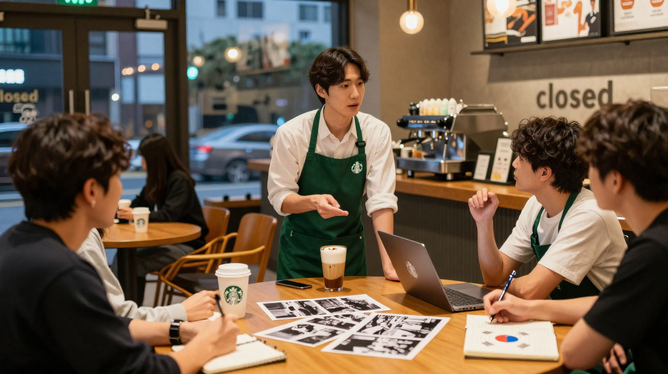 Jovens em reunião numa cafetaria discutem projetos, com café e laptop sobre a mesa.