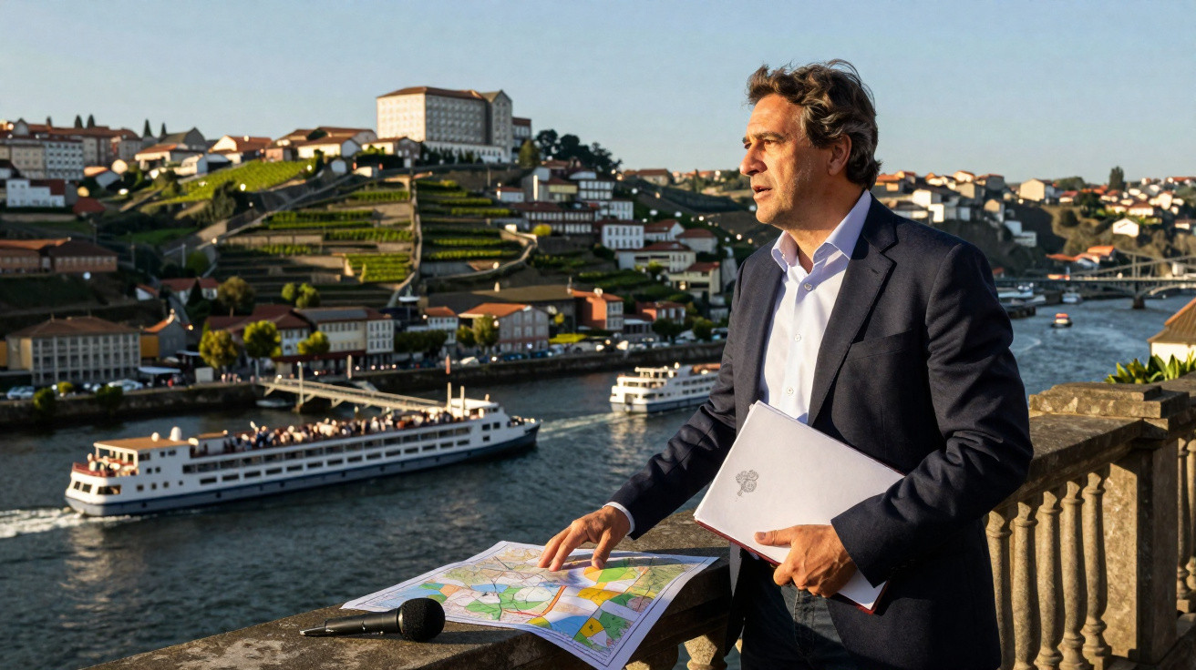Homem de fato olhando para o rio, com mapa e pasta, barcos no rio e casas na encosta ao fundo.