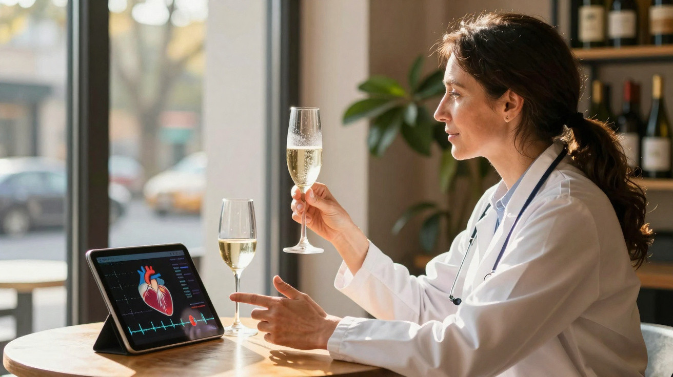 Médica sentada numa mesa com exame cardíaco num tablet, segurando uma taça de champanhe num ambiente luminoso.