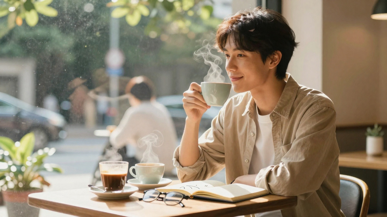 Jovem sentado numa cafetaria, bebendo café quente e a ler um livro num dia ensolarado.