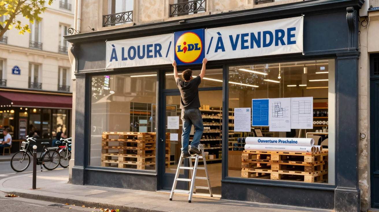 Homem em escada a colocar placa de loja Lidl para alugar e vender numa rua urbana.