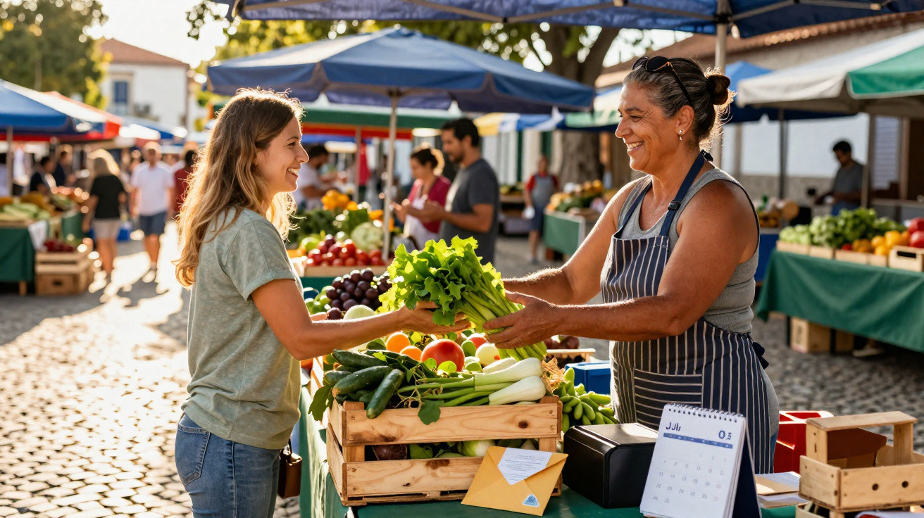 Mulher a comprar legumes frescos a senhora num mercado ao ar livre com bancas e toldos coloridos.
