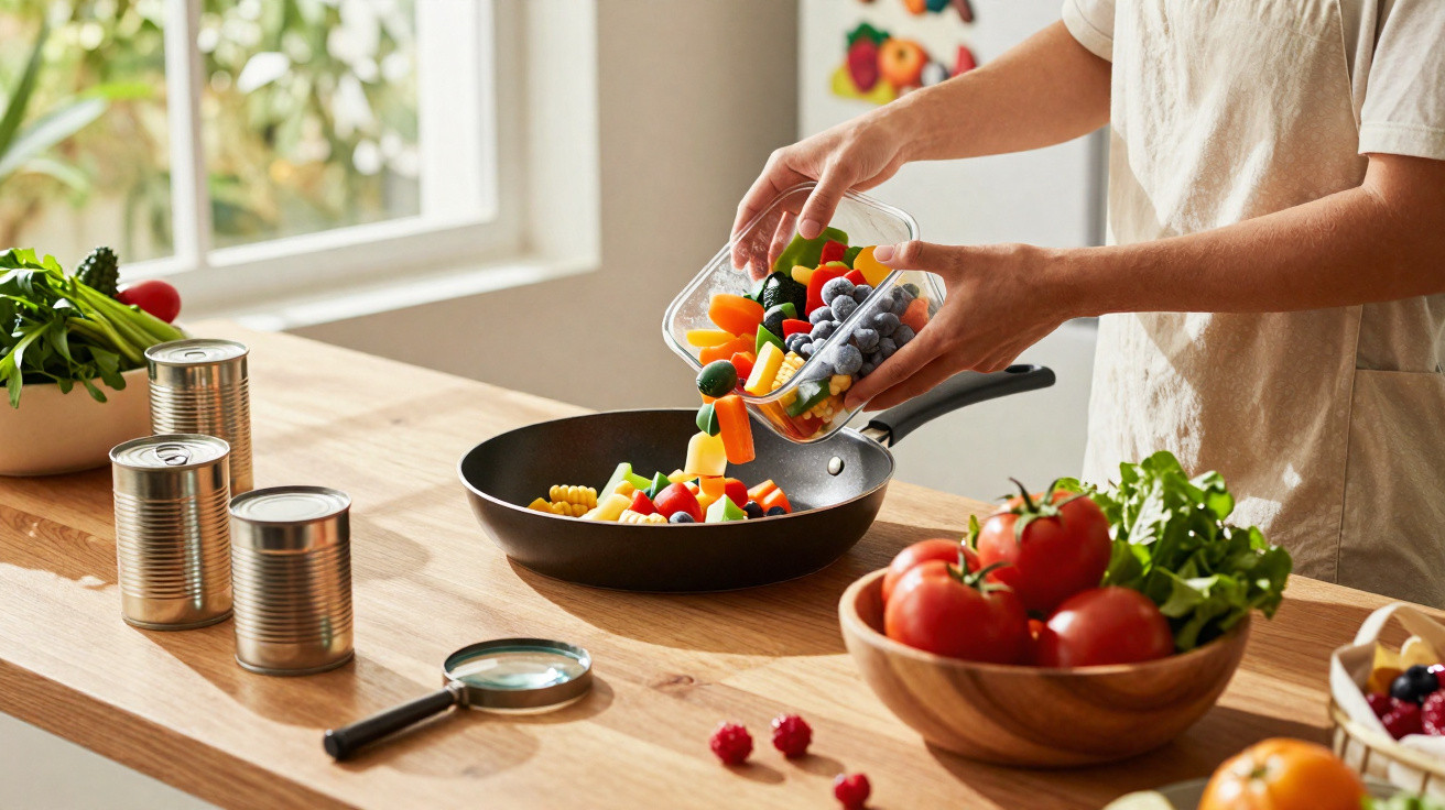 Pessoa a colocar frutas e legumes coloridos numa frigideira numa cozinha iluminada, com tomates e ervas frescas na bancada.