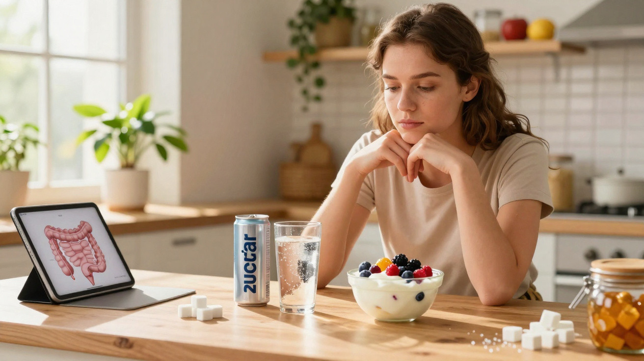 Mulher sentada à mesa com iogurte de frutos vermelhos, bebida gasosa e imagem digital de intestinos na cozinha.