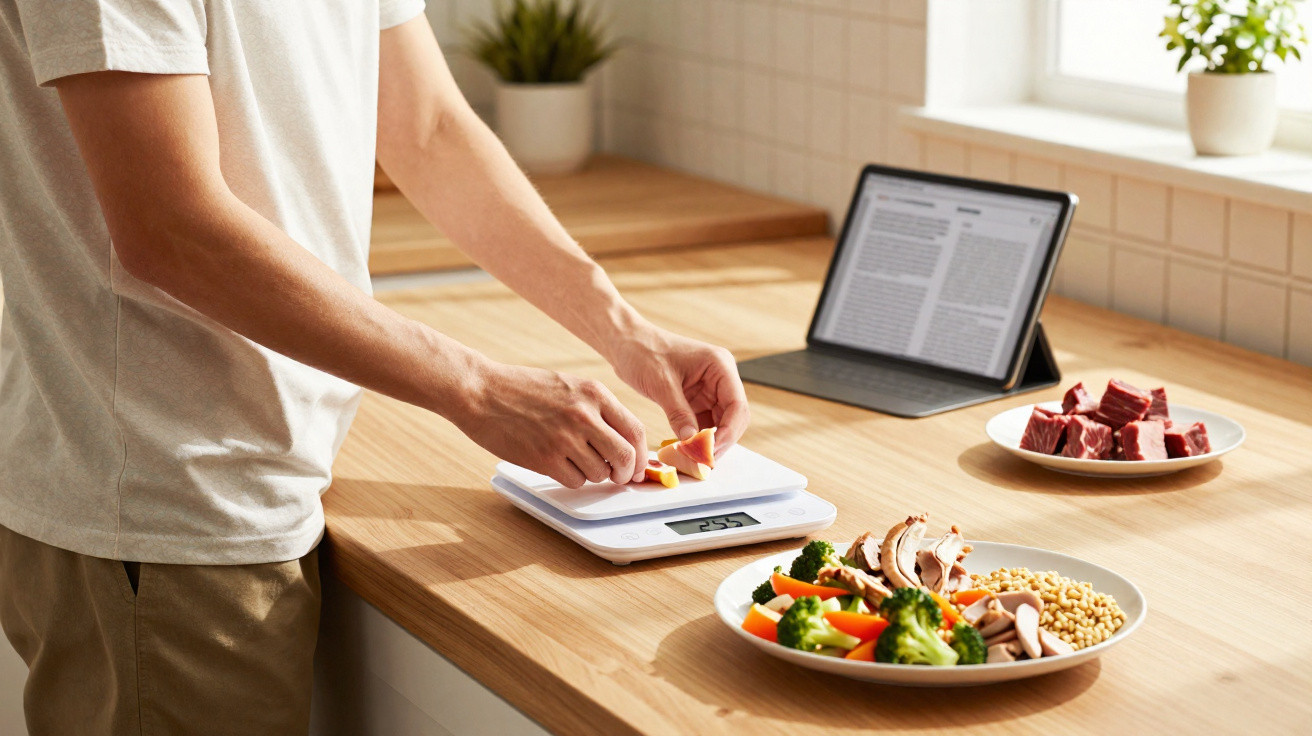 Pessoa a pesar alimentos numa balança digital na cozinha, com tablet a mostrar texto e pratos com comida.