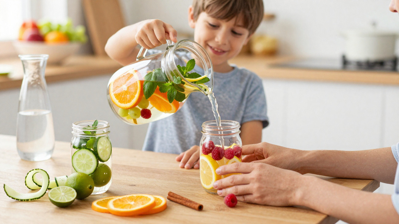 Criança a verter água com frutas e ervas para frascos enquanto um adulto segura um deles na cozinha.