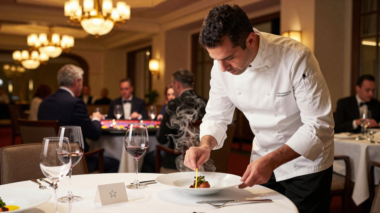 Chef a finalizar prato fumegante num restaurante elegante com clientes ao fundo.