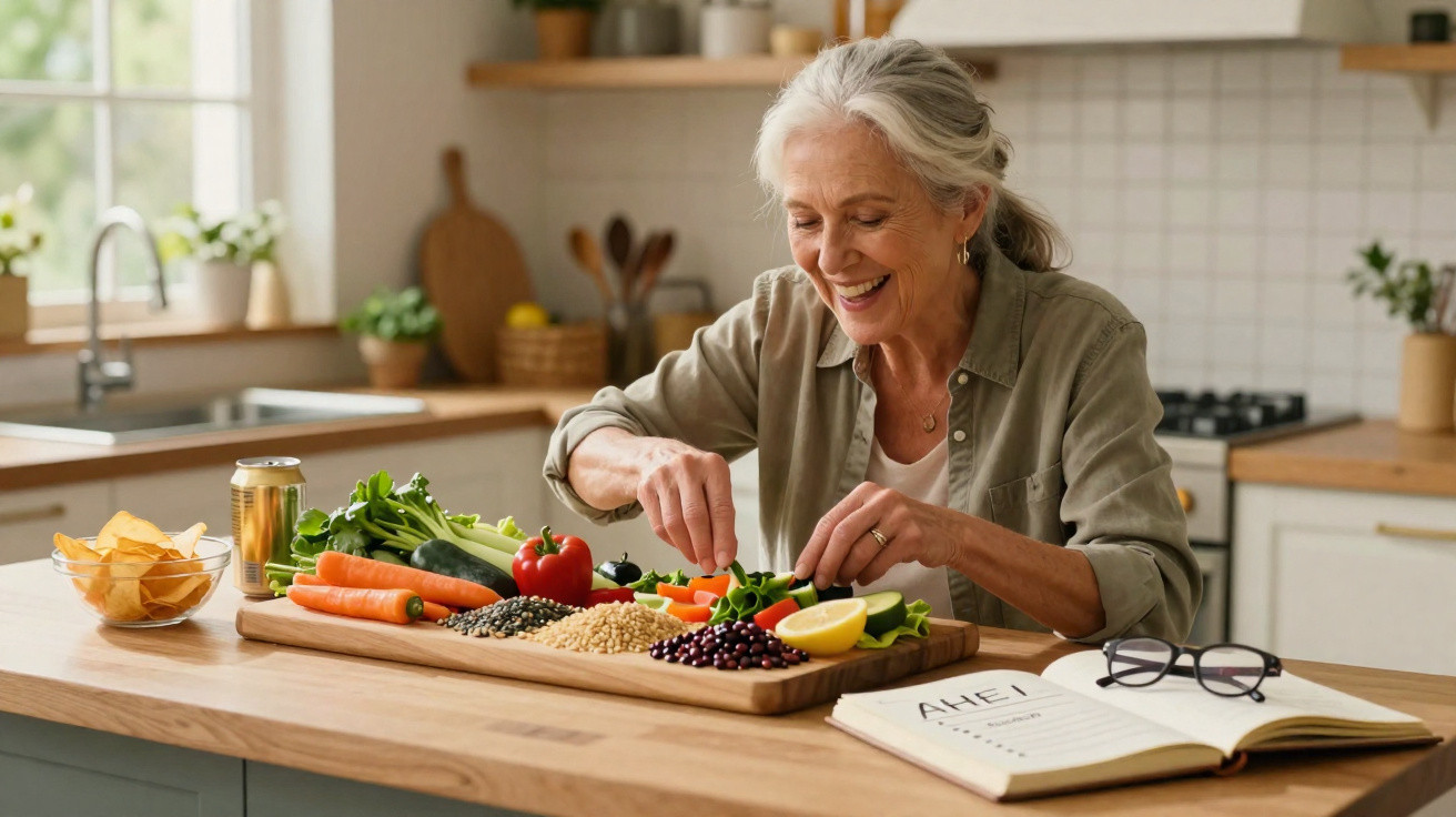 Mulher sénior a preparar uma tábua de legumes e leguminosas numa cozinha luminosa e moderna.