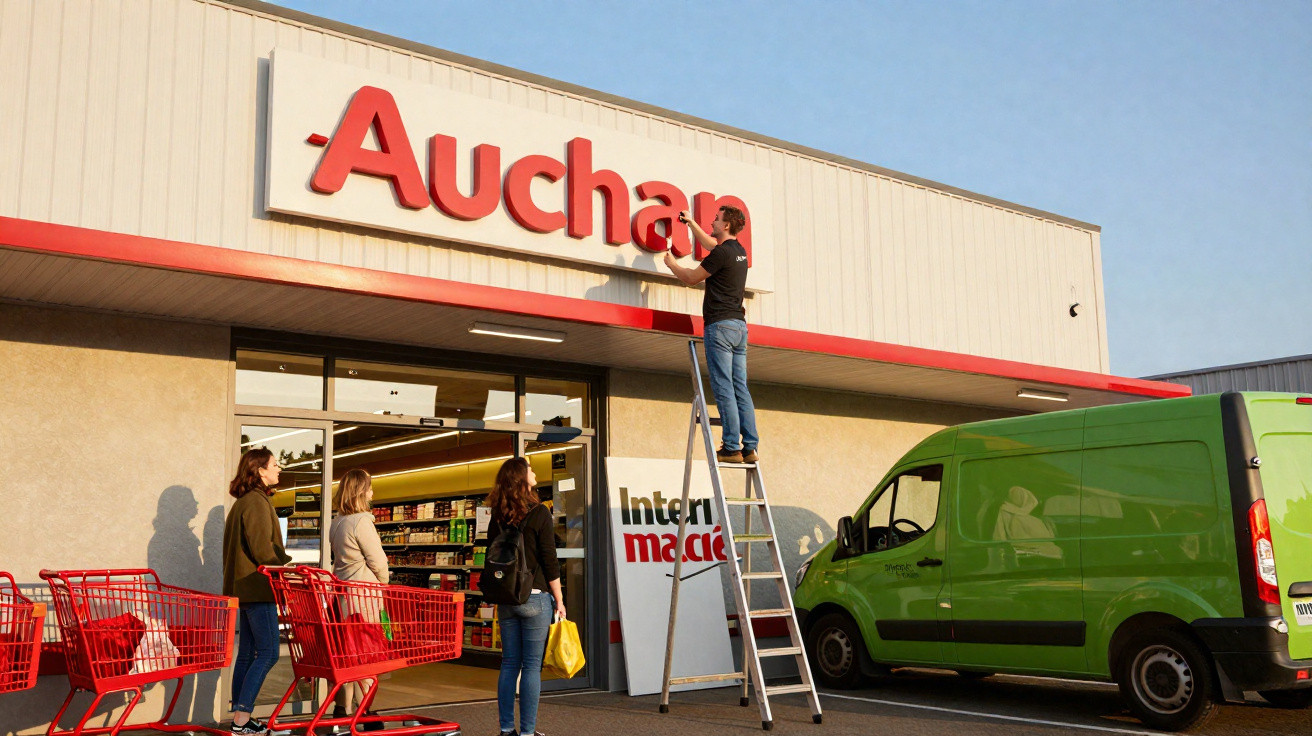 Homem numa escada a mudar a placa da loja Auchan enquanto três pessoas esperam com carrinhos de compras.