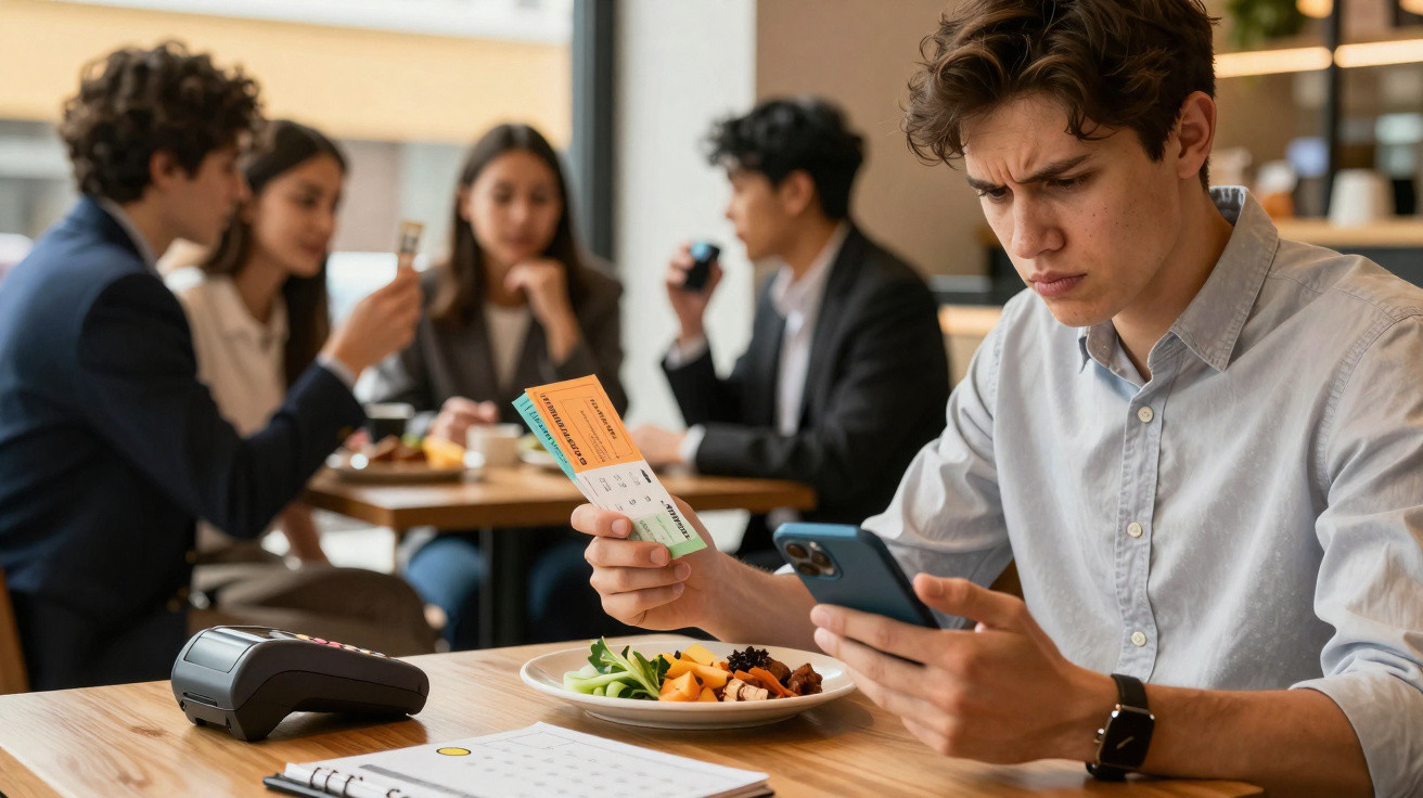 Jovem a olhar para telemóvel e bilhetes enquanto outras pessoas conversam ao fundo numa mesa de restaurante.
