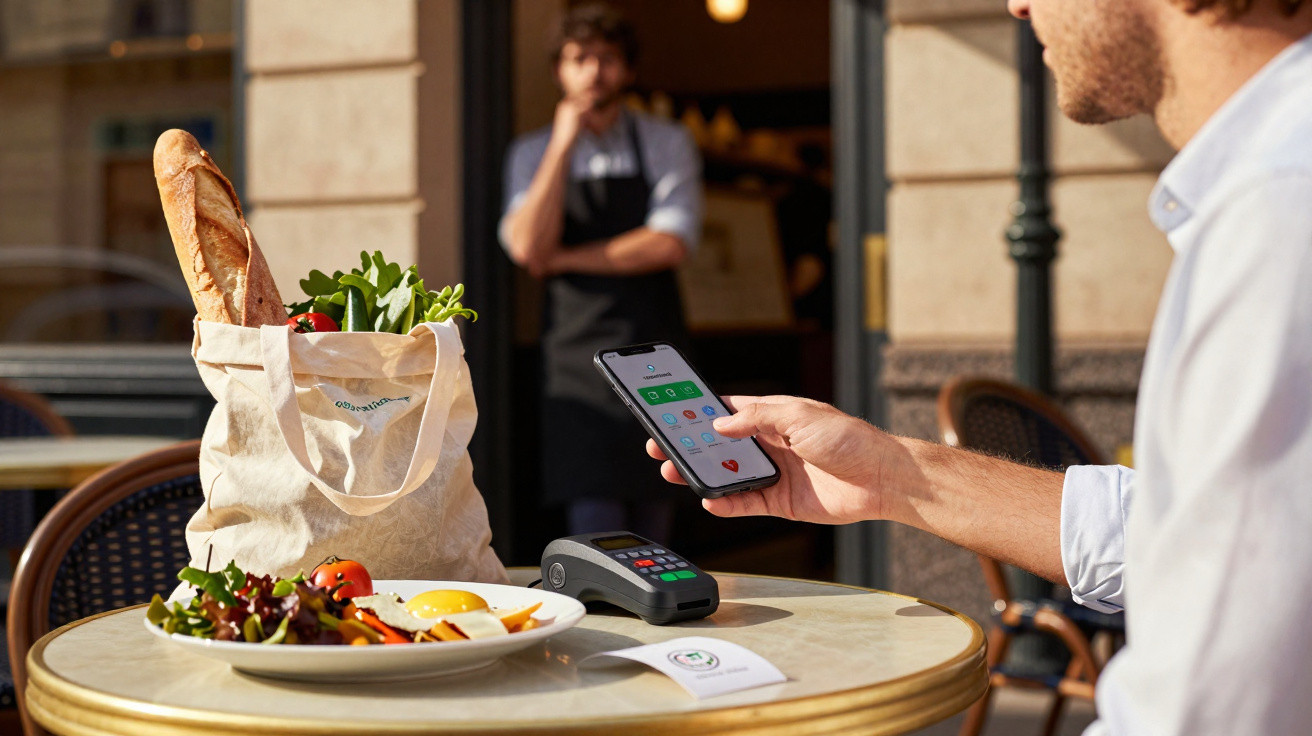Pessoa a pagar com telemóvel numa esplanada, com saco de compras e prato de comida numa mesa redonda.