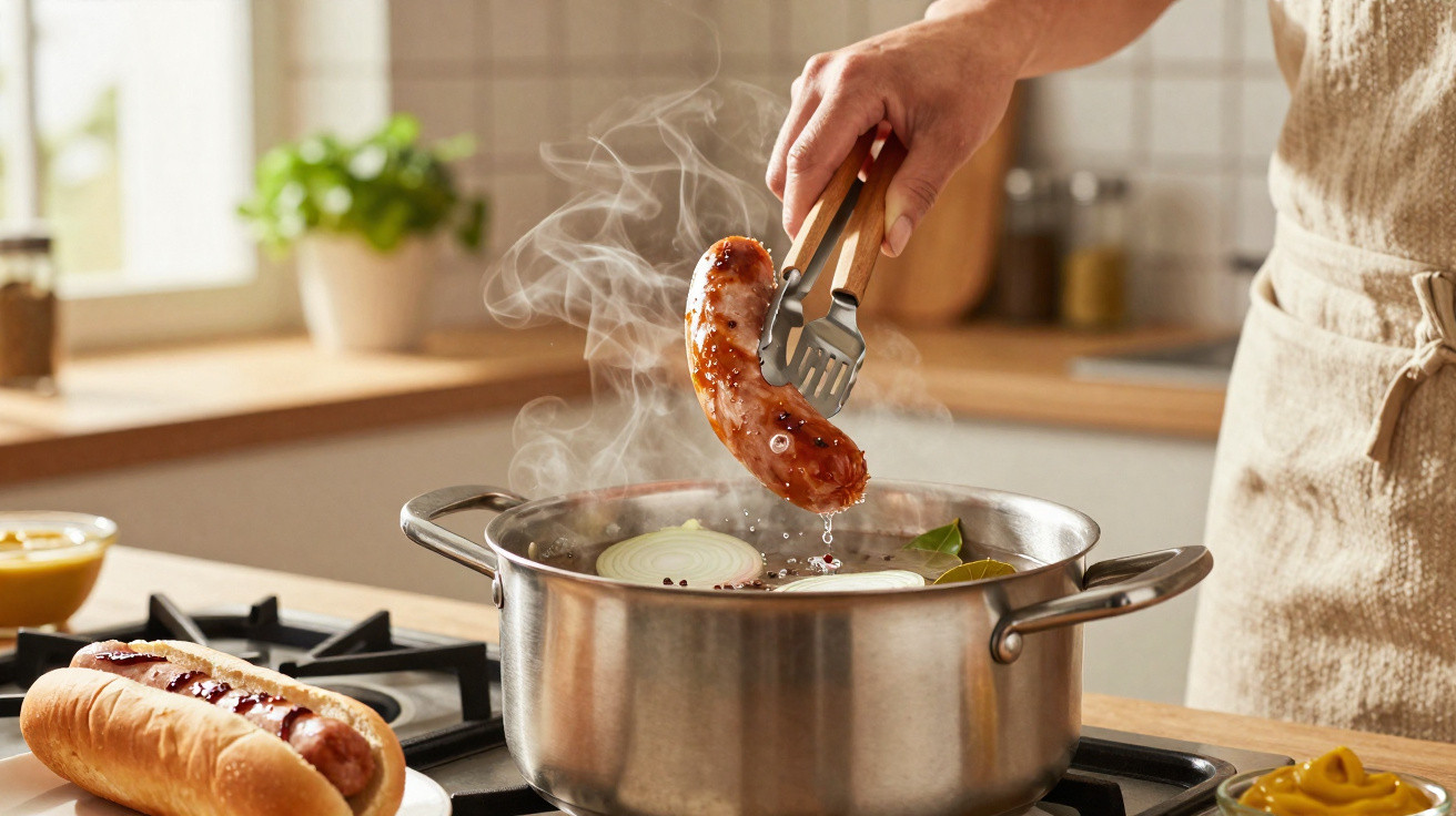 Mão a tirar salsicha fumegante de panela com pinça na cozinha, pão com salsicha no prato ao lado.