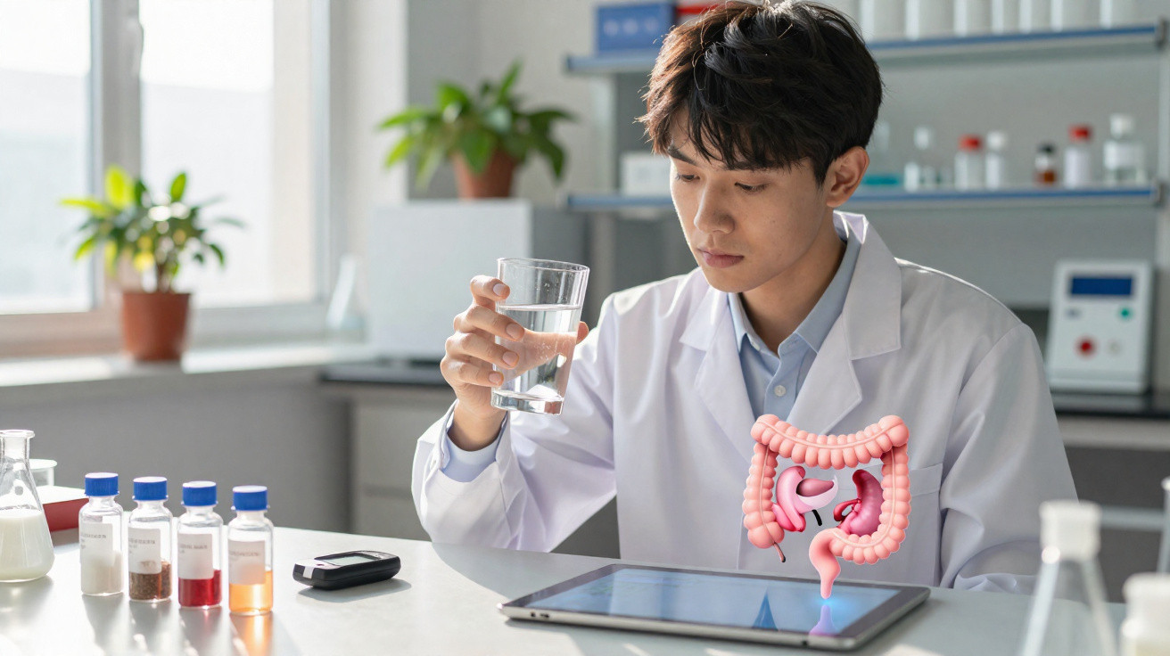 Cientista de bata branca observa copo de água com modelo digital do sistema digestivo sobre mesa de laboratório.