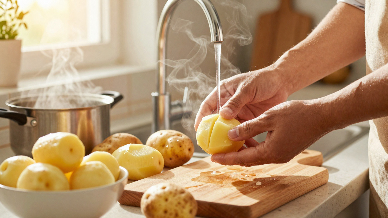 Pessoa a lavar batatas descascadas na cozinha com panela a ferver ao fundo.