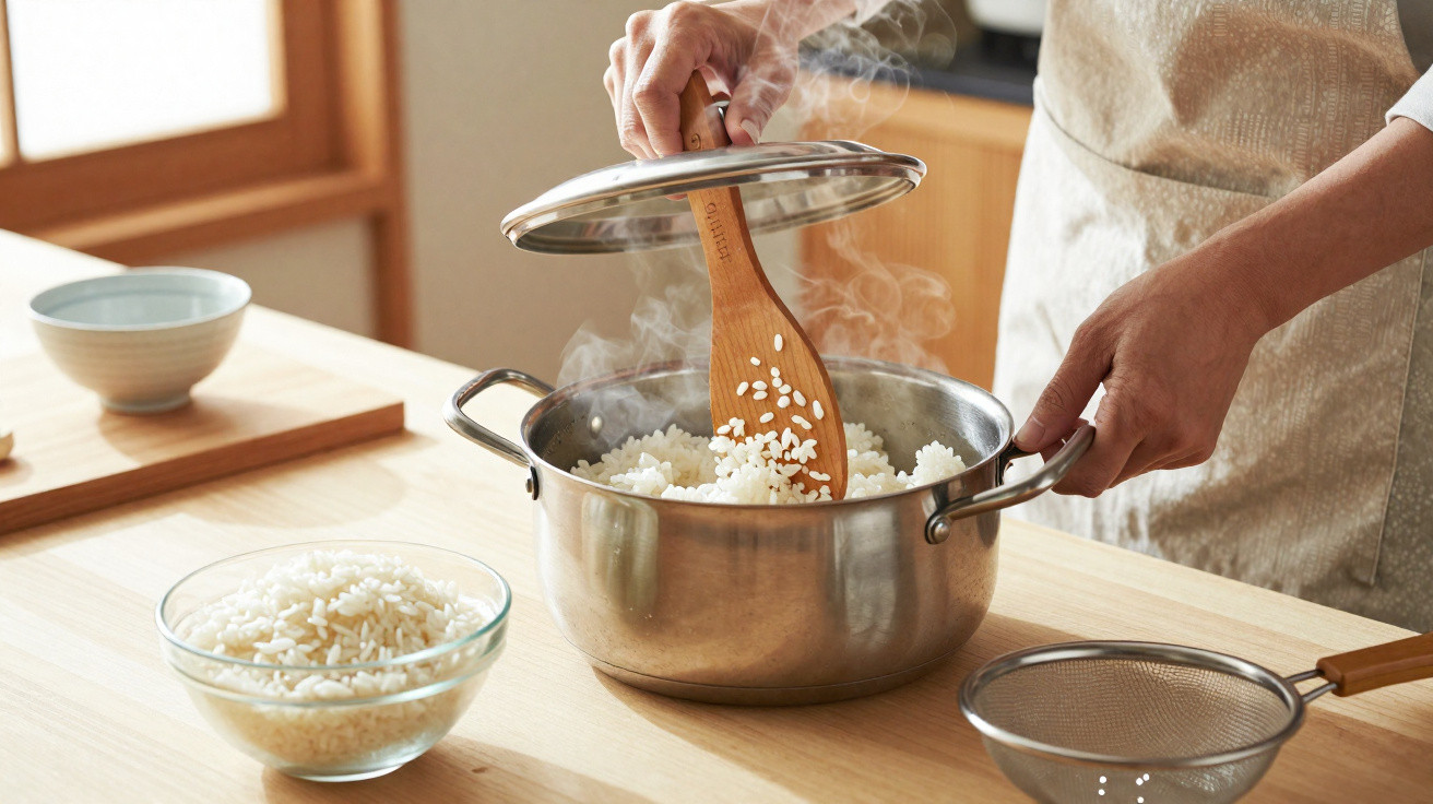 Pessoa a mexer arroz quente numa panela de inox numa cozinha iluminada com luz natural.