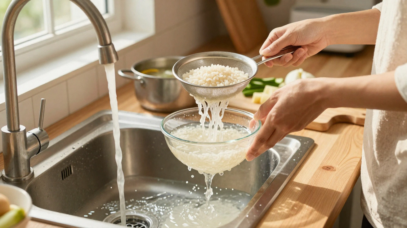 Pessoa a lavar arroz num escorredor sobre uma bacia em aço inoxidável na cozinha, com água a correr na torneira.