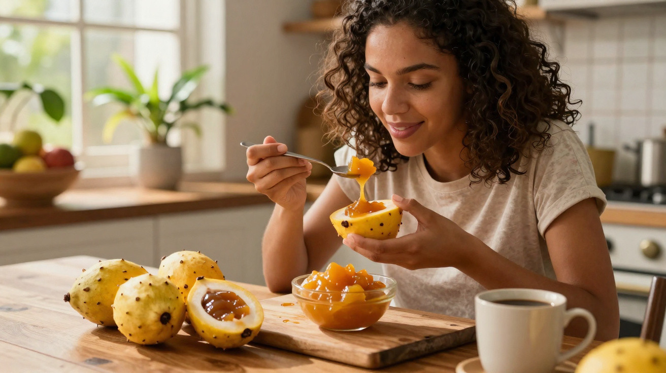 Mulher sorridente a comer fruta-da-paixão com colher numa cozinha iluminada, com chávena ao lado.