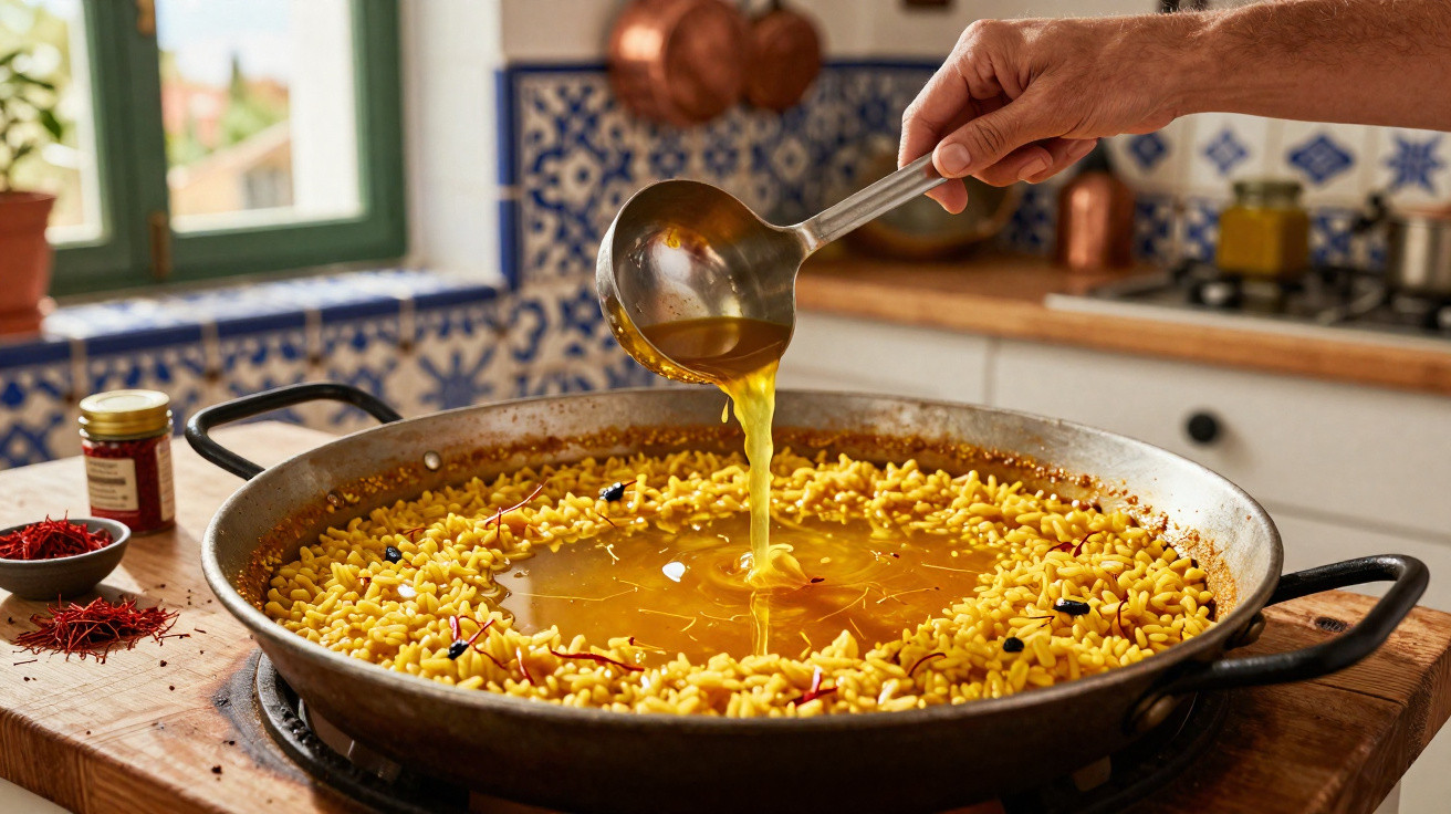 Mão a verter caldo numa paelheira com arroz e especiarias num fogão numa cozinha tradicional portuguesa.