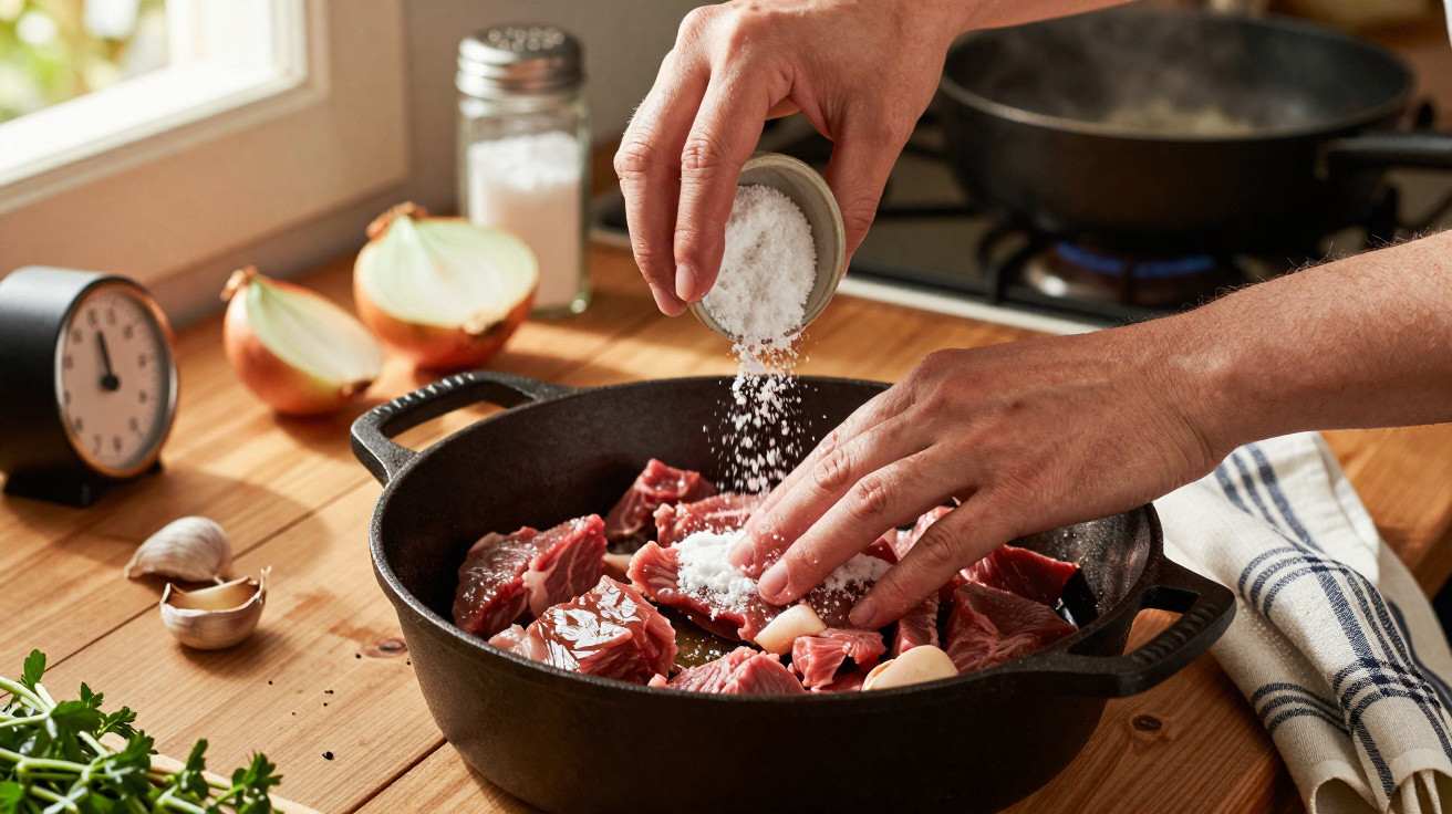 Mãos a temperar carne crua com sal num tacho preto sobre uma bancada de madeira iluminada pela luz natural.