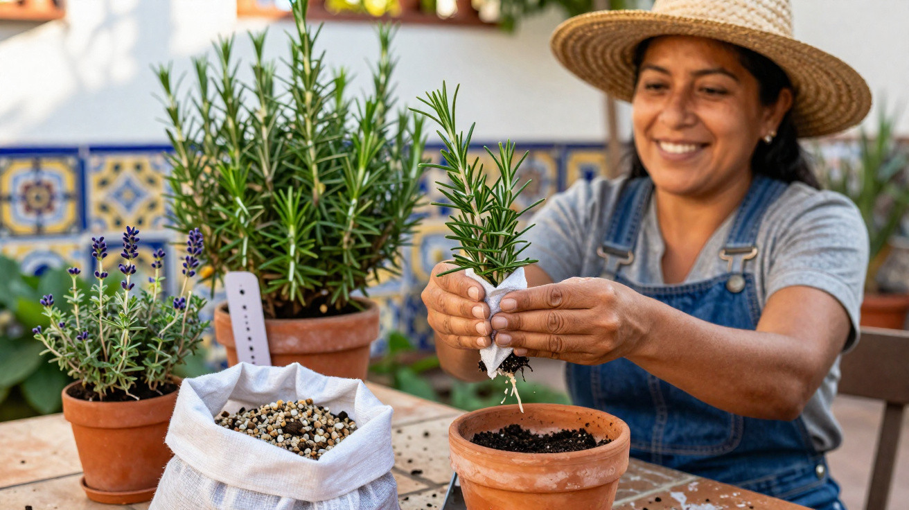 Mulher a transplantar planta de alecrim em vaso de barro, rodeada de plantas e terra numa mesa.
