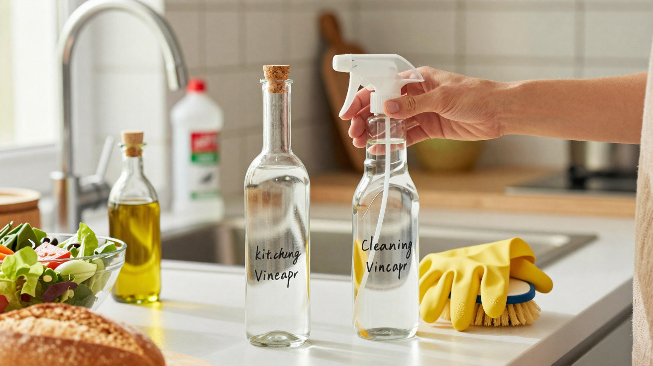 Pessoa segurando frasco de spray com vinagre para limpeza numa cozinha moderna.