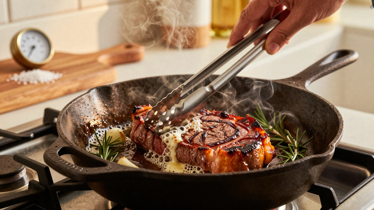 Bife a cozinhar numa frigideira de ferro com ervas aromáticas, manteiga a derreter e vapor a subir.