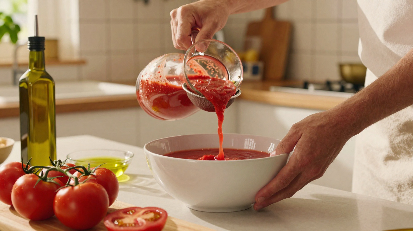Pessoa a coar molho de tomate numa tigela branca, com tomates frescos e garrafa de azeite na bancada.